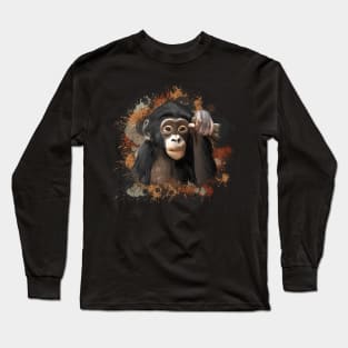 Baby Chimpanzee Abstract Paint Splatter Design in Warm Earth Tones Long Sleeve T-Shirt